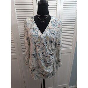 Talbots Knit Top Women's XL Moc Wrap Front Cream Turquoise Ruched Paisley Blouse